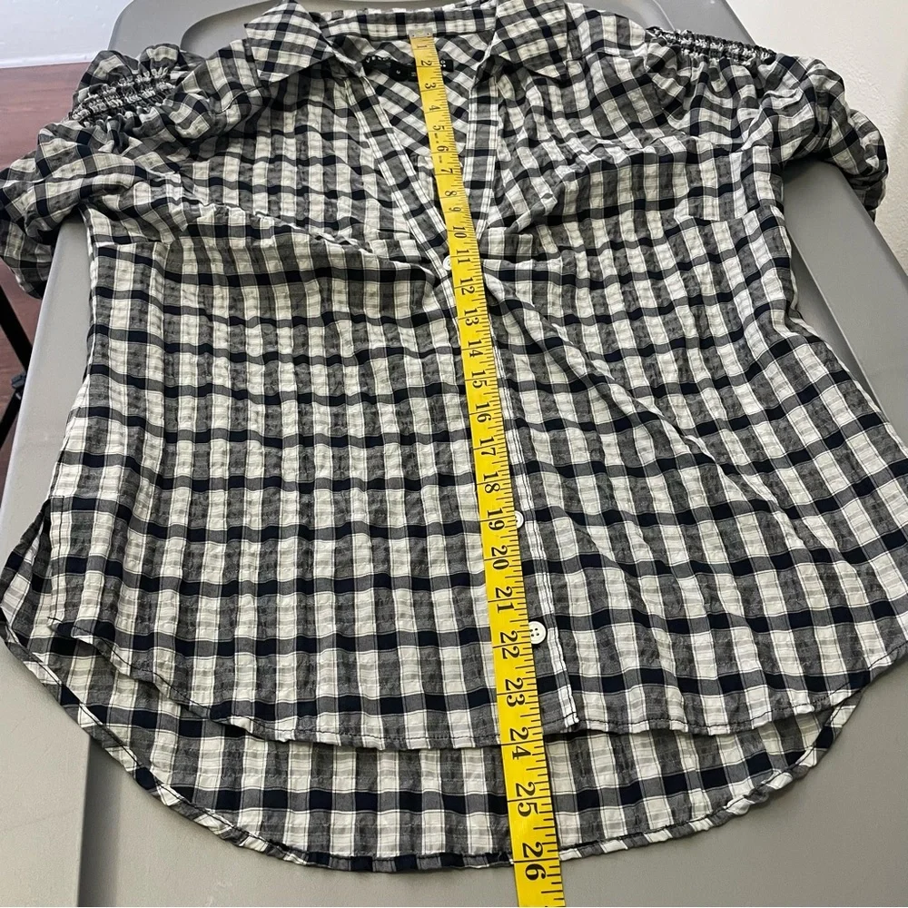 Veronica Beard Navy and White Plaid Ruched -Sleeve Blouse